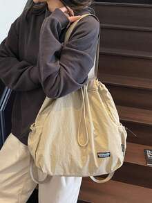 Solid Color Minimalist Shoulder Bag Large Capacity Portable Women's Tote Bag Versatile Style Drawstring Backpack Suitable For Daily School Shopping - Multicolor - View 3