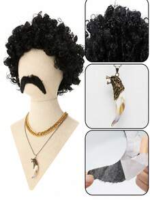 Men's 70s Disco Halloween Costume Set – Bell Bottom Pants, Retro Shirt, Wig, Necklace, Fake Mustache & Accessories For 1970s Fancy Dress Party - Silver - View 2