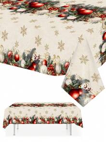 1件裝聖誕桌布 130x220cm 聖誕球與雪花圖案一次性塑料長方形桌巾，鄉村風聖誕派對裝飾，適用野餐、居家廚房餐桌布置，冬季節慶餐桌佈置與禮物靈感 - 聖誕紅灰球 - 查看 5