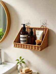 1pc Bathroom Storage Rack Decorative Storage Shelf Woven Bamboo Hanging Storage Basket Bathroom Accessories Kitchen Storage Wall-Mounted Toiletries Storage Basket - Multicolor - View 4