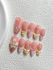 10Pcs Kawaii Sweet Girl Style Handmade Press On Nail,Polygel Nail Set,3D Carved Flower, Pink And Yellow Nail Polish,Korean Kawaii Aesthetic Style,Includes Nail Tools,3 Sizes Available,Almond Nails,Duck Nails,Coffin Nails For Party,Dance,Daily Wear. - 彩色 - 查看 16
