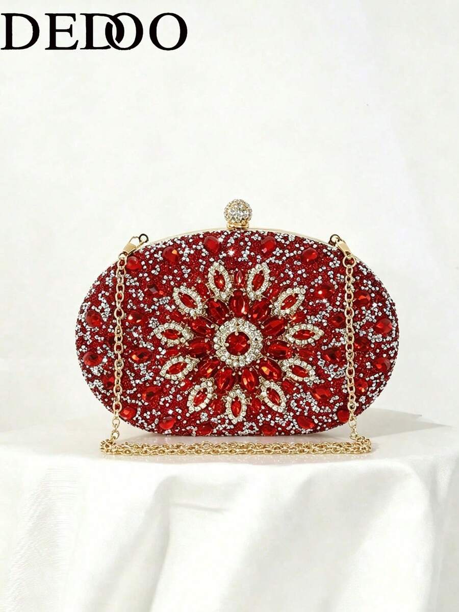 Oval Hard Shell Clutch Bag, Floral Bloom Pattern, Rhinestone Clasp, Detachable Chain Shoulder Strap, Handheld/Crossbody, Suitable For Women's Wedding Party Banquet