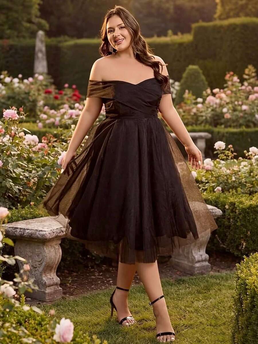 Women Plus Size Elegant Solid Color Cocktail Party Dress Wedding Guest Graduation Homecoming Formal Evening Wedding Spring Summer Autumn - Black - View 1