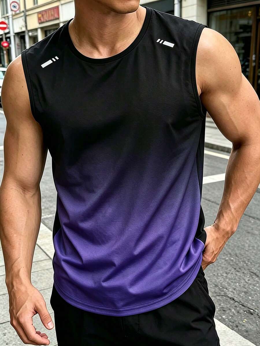 男士漸層運動背心,夏季圓領無袖健身跑步上衣 - 紫色 - 查看 1