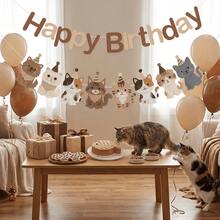 1 Set Kitten Birthday Banner Set, Neutral Brown Tone Happy Birthday Cute Cartoon Cat, For Pet Theme Cat Birthday Party Wall And Ceiling Decoration - A - View 4