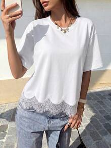 Vintage French Casual Lace Patchwork Round Neck Ruffle Loose Everyday Commute Date Party Vacation Women T-Shirt, Spring/Summer White - White - View 3