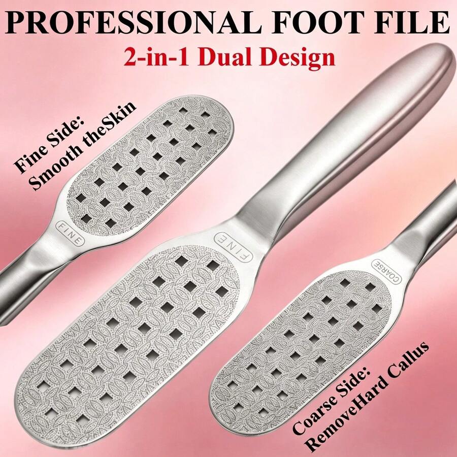 Professional 2-In-1 Double Sided Foot Rasp Stainless Steel Foot File With Non Slip Handle, Coarse Side For Hard Callus Fine Side For Smoothing Skin, Reusable Manicure Pedicure Foot Grooming Tool For Home Salon Use - Silver - View 1