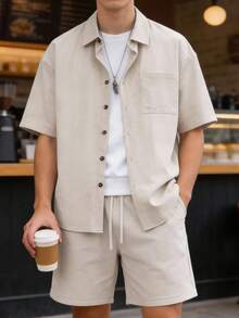 Men's Summer Fashion 2-Piece Set, Solid Color Loose Casual Outfit With Single Pocket Lapel Short Sleeve Button-Down Shirt And Drawstring Slanted Pocket Shorts - Apricot - View 1