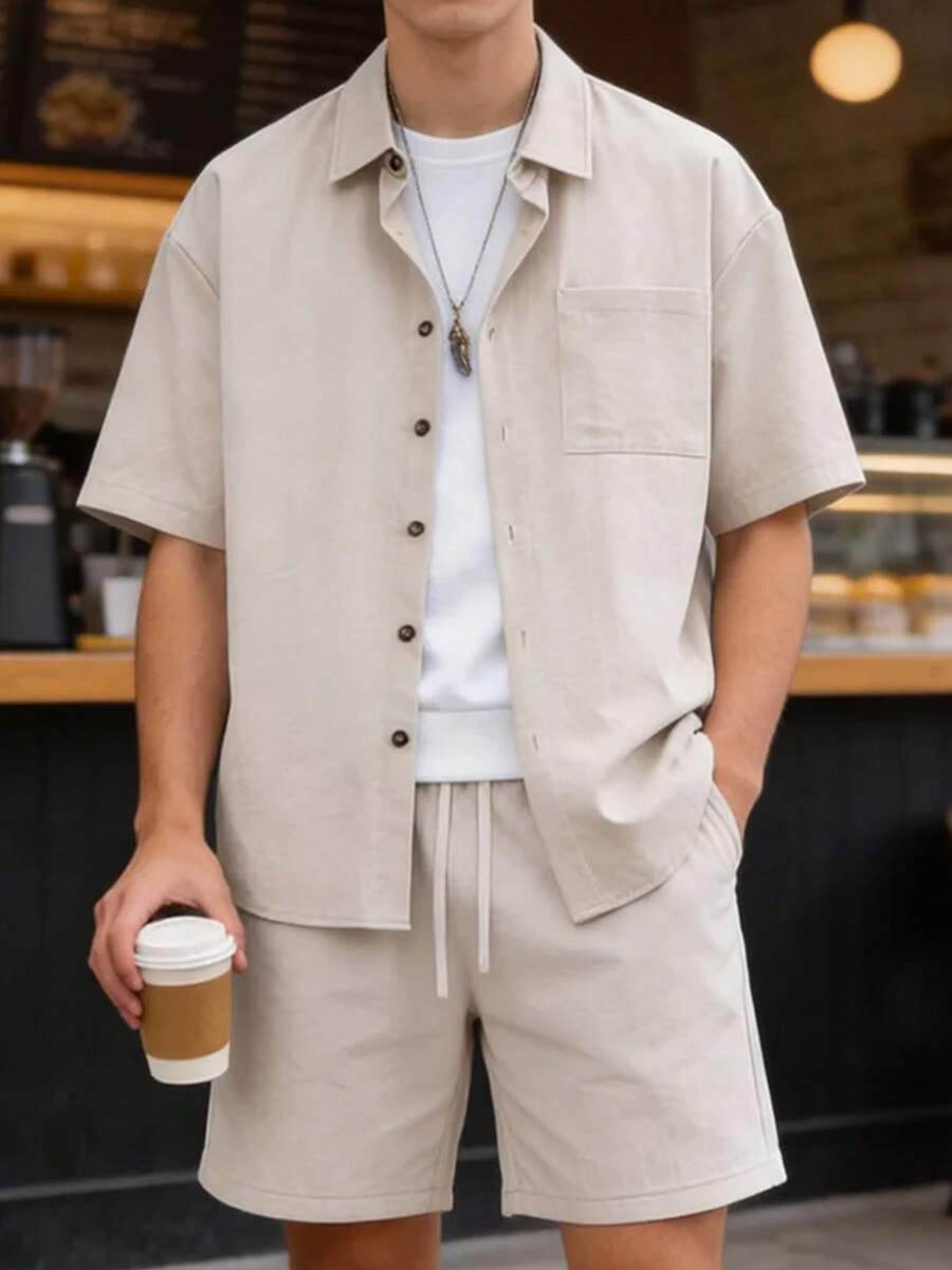 Men's Summer Fashion 2-Piece Set, Solid Color Loose Casual Outfit With Single Pocket Lapel Short Sleeve Button-Down Shirt And Drawstring Slanted Pocket Shorts - Apricot - View 1