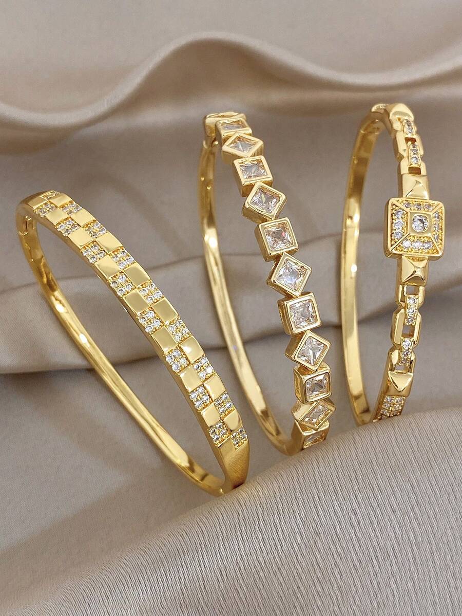 18k Gold Plated Square Grid Gold Bracelet, Women's Bracelet, Designer Jewelry, Charming Bracelet, Luxury Bracelet, High-Quality Luxury Jewelry, Gold Plated Jewelry, Suitable For Daily Wear, Date, Party, Vacation Season, Back To School Season, Summer Jewelry, Beach Jewelry, Women's Beach Accessories, Birthday Gift, Girlfriend Gift, Mother Gift, Bohemian Jewelry - Multicolor - View 1