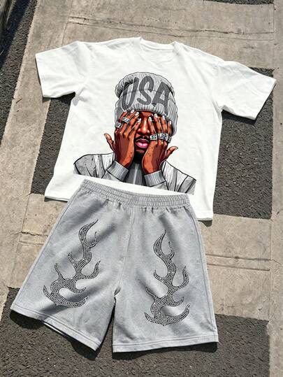 2pcs/Set Boy Loose Street Cartoon Funny Graffiti USA Gray Portrait Print T-Shirt And Shorts Casual Outfit Summer Casual Wear Tween Boy Outfit