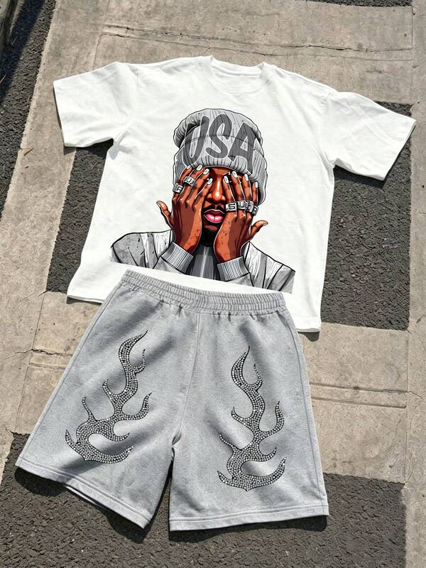 2pcs/Set Boy Loose Street Cartoon Funny Graffiti USA Gray Portrait Print T-Shirt And Shorts Casual Outfit Summer Casual Wear Tween Boy Outfit