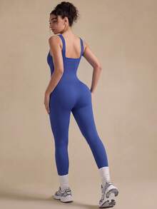 VVX Jumpsuit Yoga Wanita Leher Persegi Tanpa Punggung Pengontrol Perut Pengangkat Bokong, Celana Pendek Olahraga Tanpa Lengan Bergaris Tanpa Jahitan untuk Gym, Olahraga, dan Pakaian Sehari-hari - Biru - View 4