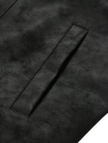 Men's Black Textured PU Leather Slim Fit Bomber Motorcycle Jacket, With Zipper Pockets, Casual Lightweight Outerwear - Black - View 10