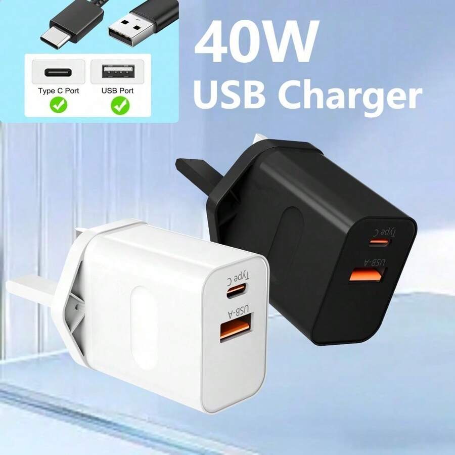 40W USB-C 充电器，双端口 PD 电源适配器 + QC Type-C 墙式充电器，兼容 17/16/15/14/13/12/11 Pro Max Plus / Mini 及其他设备