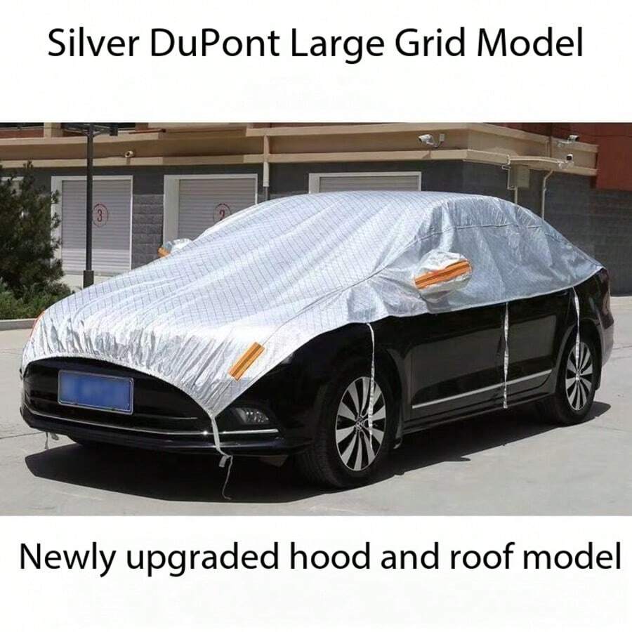 Newly Upgraded Silver Half Car Cover, Sunproof UV Block Windshield Roof Hood Protector, Heat Resistant Auto Umbrella Sunshade For Sedan SUV, Weatherproof Waterproof Exterior Guard With Windproof Straps Reflective Strip