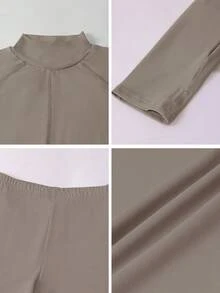 Conjunto deportivo casual de 2 piezas para mujer, top de manga larga con cuello alto, orificios para el pulgar y ajuste ceñido, shorts de cintura alta con control de abdomen y levantamiento - Albaricoque - Ver 11