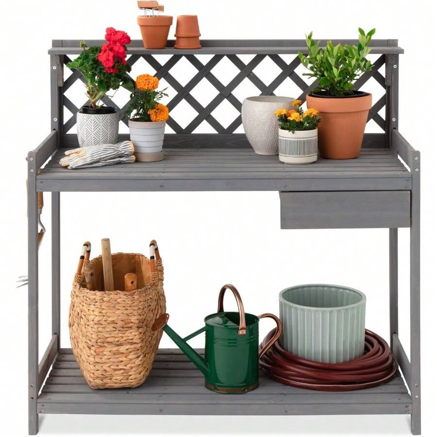 Outdoor Garden Potting Bench, Wooden Workstation Table W/Cabinet Drawer, Open Shelf, Lower Storage, Lattice Back - Gray - Gray - View 1