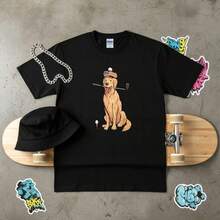 Casual Street Style, Men's T-Shirt, Funny Golden Retriever Golf Dog Graphic Print, Summer Daily Wear, 100% Cotton, Short-Sleeve Crew Neck T-Shirt. - Black - View 3
