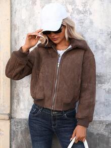 Women's Autumn/Winter Brown PU Leather Shacket, Collar, Zipper And Pockets, Long Sleeve Short Regular Fit Fall - Brown - View 6