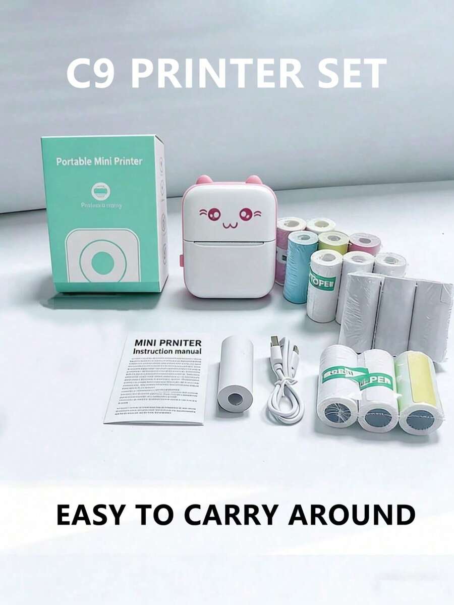 Una impresora más un juego de 13 rollos de papel, mini impresora de fotos de bolsillo, impresora térmica portátil sin tinta, 57 mm: con papel adhesivo, impresión inalámbrica Bluetooth 200 dpi, rosa. - Rosa - Ver 1