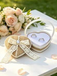 1PC Lace Heart Ring Bearer Basket, Vintage Rustic Wedding Ring Box, Engagement Proposal Jewelry Storage Box Wedding Ceremony Decor - View 1