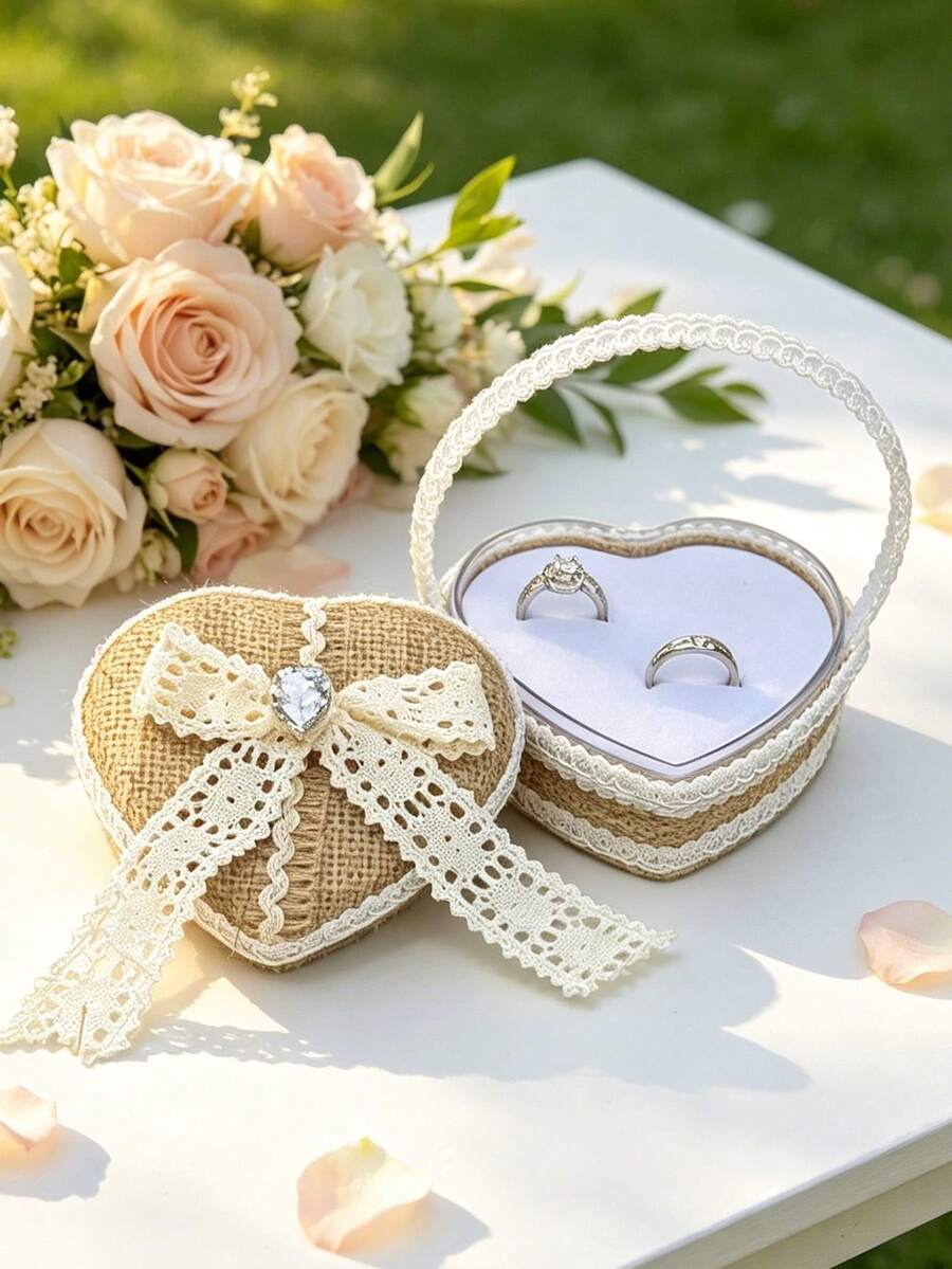 1PC Lace Heart Ring Bearer Basket, Vintage Rustic Wedding Ring Box, Engagement Proposal Jewelry Storage Box Wedding Ceremony Decor - View 1