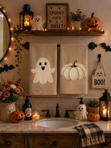 2pcs Halloween Pumpkin & Ghost Pattern Kitchen Towels, Halloween Home Decor Towels, Halloween Kitchen Decor Towels, Cute Style, Microfiber Material, Rectangular, 40*60 CM, Suitable For Home Autumn Kitchen Decor, Outdoor Party Activities, Halloween & Thanksgiving Holiday Gifts - Multicolor - View 2