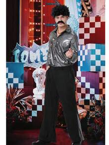 Men's 70s Disco Halloween Costume Set – Bell Bottom Pants, Retro Shirt, Wig, Necklace, Fake Mustache & Accessories For 1970s Fancy Dress Party - Silver - View 6