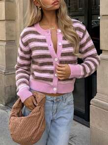 Women's Pink Striped Button-Front Long Sleeve Cardigan - Pink - View 3