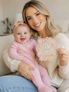 1pc Baby Monthly Milestone Wooden Sign, 1-12 Months Infant Growth Record Photo Prop, Decorated With Pink Bow And Flower - Pink - View 6