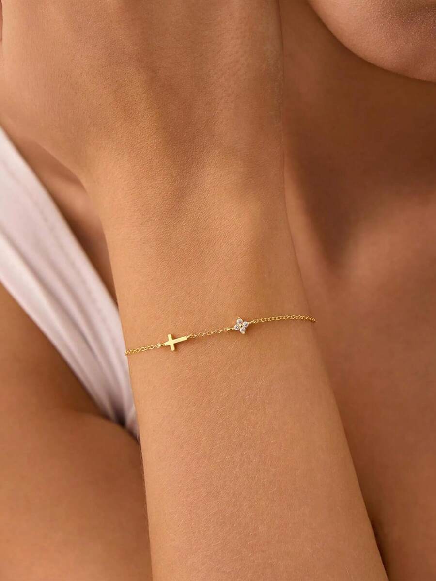 1pc 14K Gold Plated Women's Bracelet, Clover Cross Exquisite Non-Fading Jewelry, Christian Baptism Religious Jewelry Gift - Gold - View 1