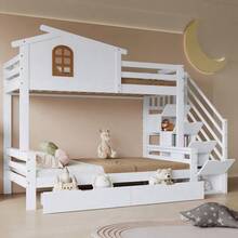 Bunk Bed, Children's Bed, Two Drawers With Casters, Exquisite Beautiful Windows, Corner Ladder Wardrobe - White - View 6