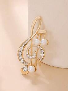 1pc Retro Minimalist Luxury Music Note Faux Pearl Brooch, Suitable For Women's Daily Wear, Suit, Dress Accessory - Yellow Gold - View 5