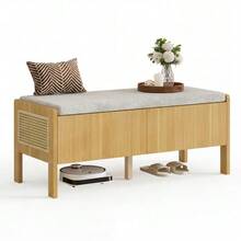 Banco zapatero, banco de almacenamiento, banco con paneles laterales de ratán tejido, 2 cajones, color: natural, dimensiones: 113 * 45,5 * 40 cm - Color natural - Ver 6