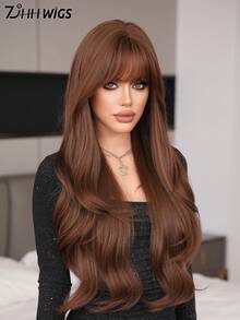 7JHH WIGS Extra Long Body Wave Tea Brown Wig For Women 32 Inch Elegant Wavy Curly Wig With Bangs, Natural Looking Soft Fluffy Synthetic Heat Resistant Fiber Hair Wig For Daily Wear, Music Festival Party Use - 咖啡棕 - 查看 4