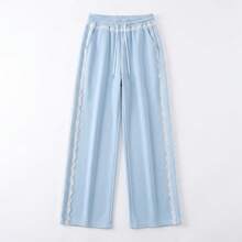 JUTUQU Spring Autumn Winter Lace Patchwork Light Blue Casual Pants Women Spring Elastic Waist Ins Korean Style Chic Sweet Cool Ruffle Sweatpants Commute Outfit - Light Blue - View 8
