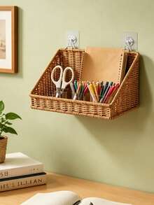 1pc Bathroom Storage Rack Decorative Storage Shelf Woven Bamboo Hanging Storage Basket Bathroom Accessories Kitchen Storage Wall-Mounted Toiletries Storage Basket - Multicolor - View 6