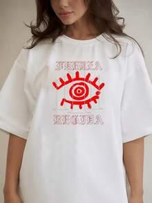Daily Retro Gothic Red Eye Vintage Font Print Crew Neck T-Shirts Breathable Casual Fabric Short Sleeve Street Loose Fit American Flag Dress USA - White - View 1