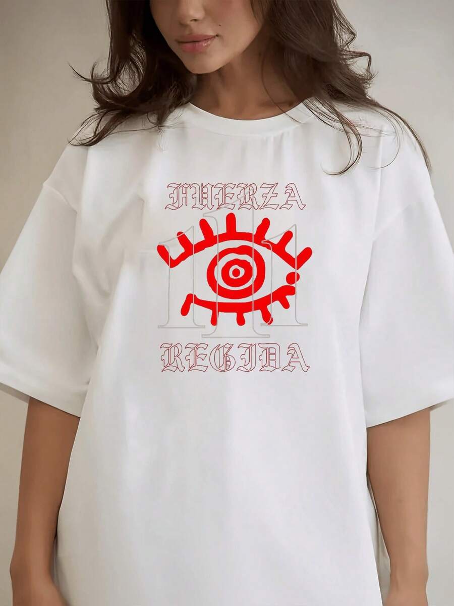 Daily Retro Gothic Red Eye Vintage Font Print Crew Neck T-Shirts Breathable Casual Fabric Short Sleeve Street Loose Fit American Flag Dress USA - White - View 1