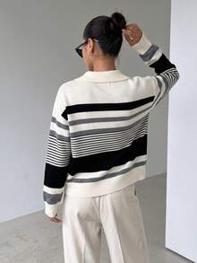 Women's Striped Knit Cardigan, Long Sleeve, Regular Fit, Lapel Collar, Ribbed Knit Detail, Suitable For Autumn/Winter Wear - White - View 5