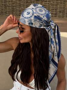 1PC Women's 2026 Spring/Summer Fashion Palace Luxurious Geometric Satin Print Bandana, Daily Versatile - Blue and White - View 5