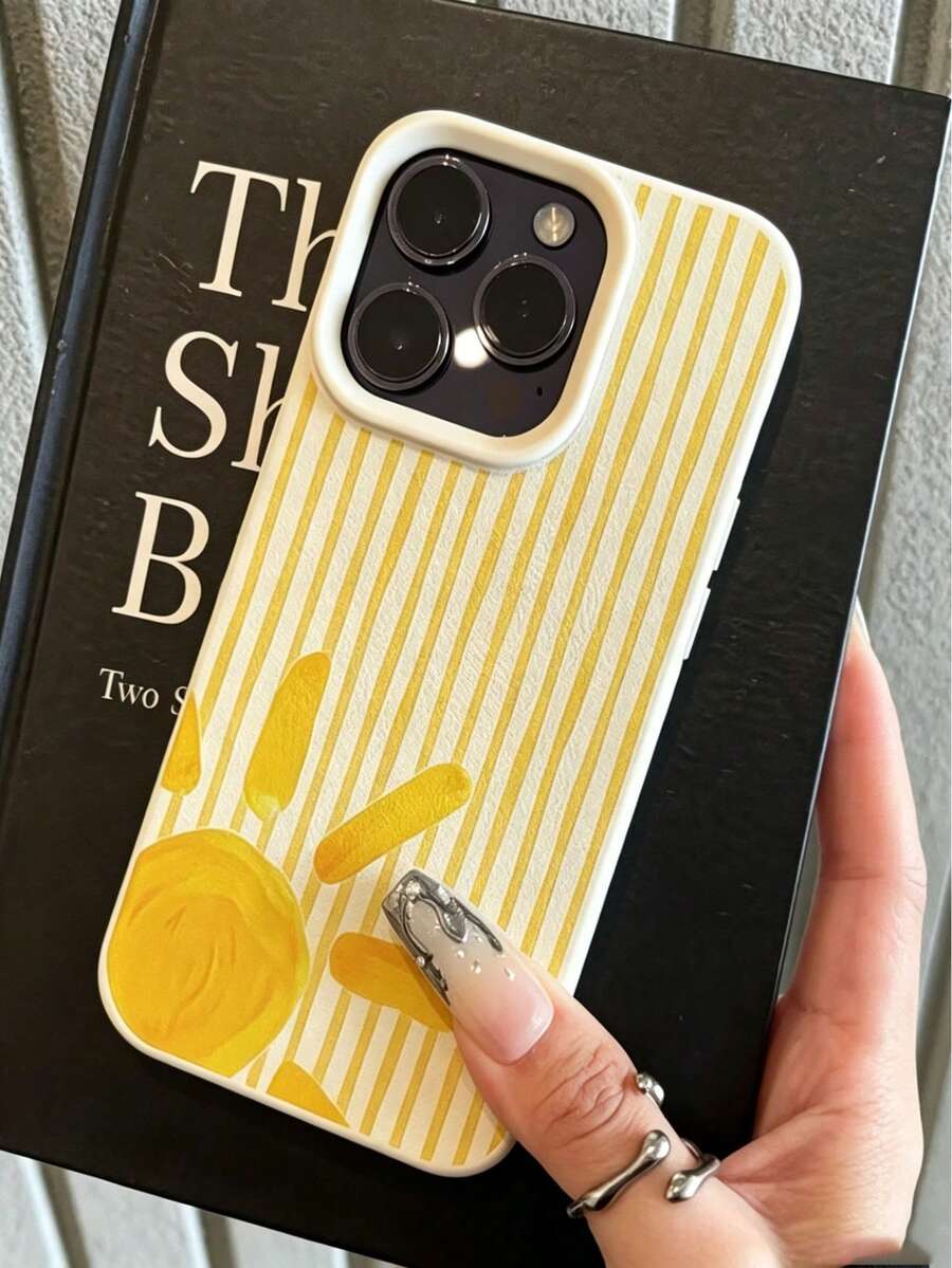 1pc Yellow Striped Sun Pattern Large Hole Leather Texture Pink Shockproof Phone Case, TPU Material, Suitable As Holiday Gift, Compatible With Apple 17/17Pro/17Promax/16/16Pro/16promax/15/15promax/15promax/14/14Pro/13/12/11 Unisex Phone Cover Protective Case - Beige - View 1
