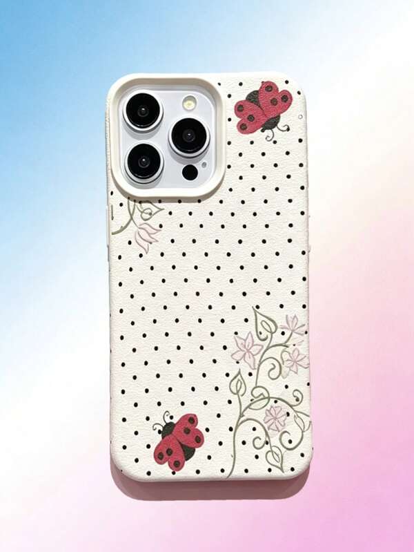 1PC Polka Dot Flower Beetle Pattern Creative Leather Texture Protective Case Compatible With Apple 17 Pro Max/16 Pro/15 Plus/14 Plus/13 Pro/12 Pro/11 Women