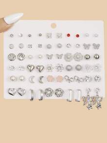 NAIZHU 30 Pairs/Set Silver-Tone Sweet Bow Flower Heart Pearl Rhinestone Earrings Set For Women, Daily Wear, Dating Accessories, Valentine's Day, Mother's Day Gift - Silver - View 6