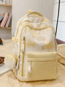 Designed Backpack Fresh Macaron Color Scheme School Bag For Female Students Korean Campus Style. Large Capacity Layered Design Can Easily Store Laptop, Textbooks And Daily Items, Front Pocket And Side Pocket Organized. Thoughtfully Includes Matching Printed Round Coin Purse, Perfect For School Commute, Weekend Outings Or Short Trips. No Pendant. - Multicolor - View 6
