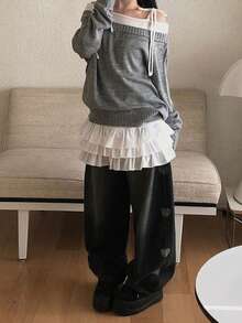 Korean Style Versatile Casual Slimming Square Neck Long Sleeve Top - Grey - View 8