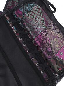 Gothic Patchwork Floral Jacquard Strapless Corset Black Faux Leather Panel Multi D Ring Decor Front Hook Waist Trainer Halloween Cosplay Party Shaper - Purple - View 7