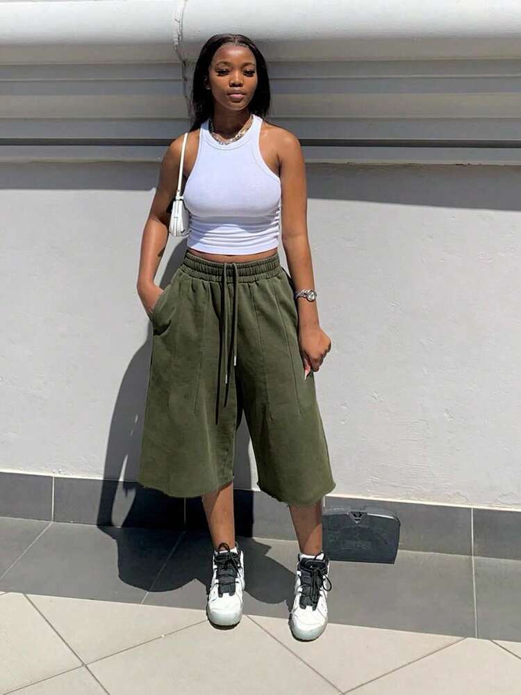 SRoinpar Women's Loose Wide Leg Pants, Minimalist Casual Style, Elastic Drawstring Waist Cropped Pants, Slant Pockets And Frayed Hem, And Wear Summer - Army Green - View 2