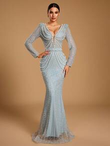 GIFORU Light Ice Blue Heavy Beaded Mermaid Evening Gown For Women, Custom Style Dress Fall Wedding Party - Dusty Blue - View 5